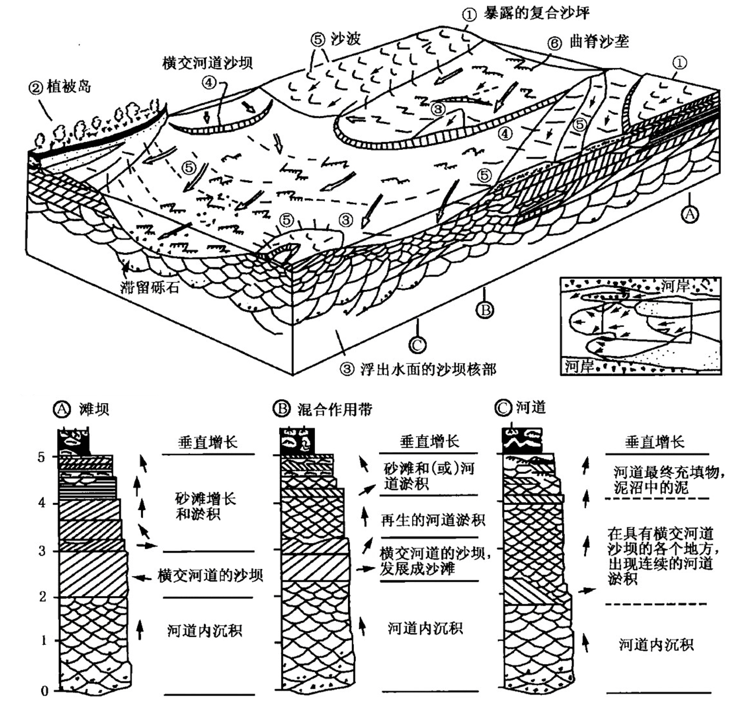 图18-11辫状河沉积环境立体模型(据沃克,1979)